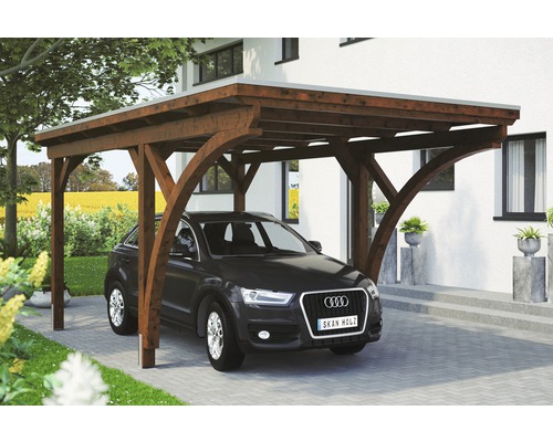 Enkele carport Konsta aluminium dakpanelen inclusief 2 inrijbogen en H-ankers 304x500 cm notenhout