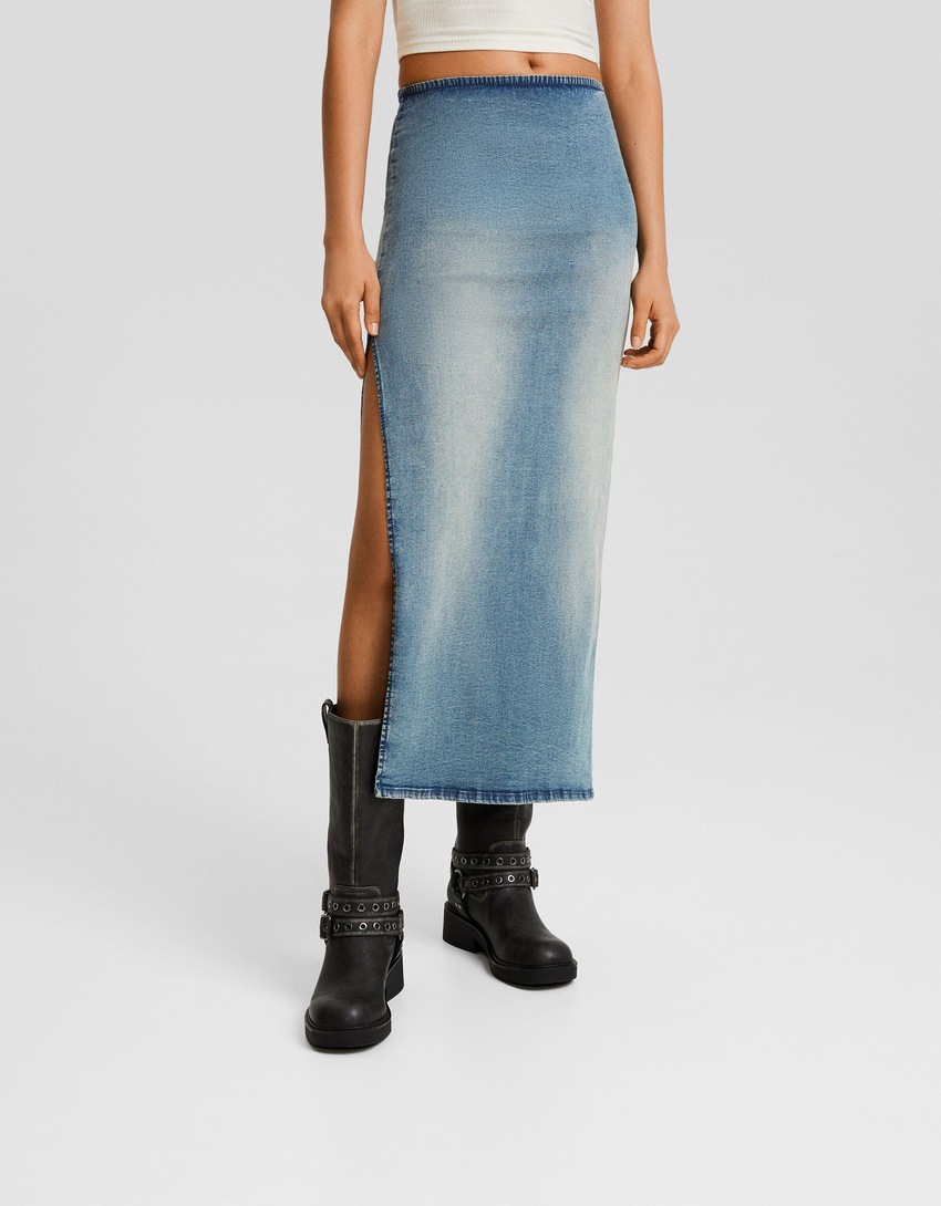 Saia midi confortável em jeans