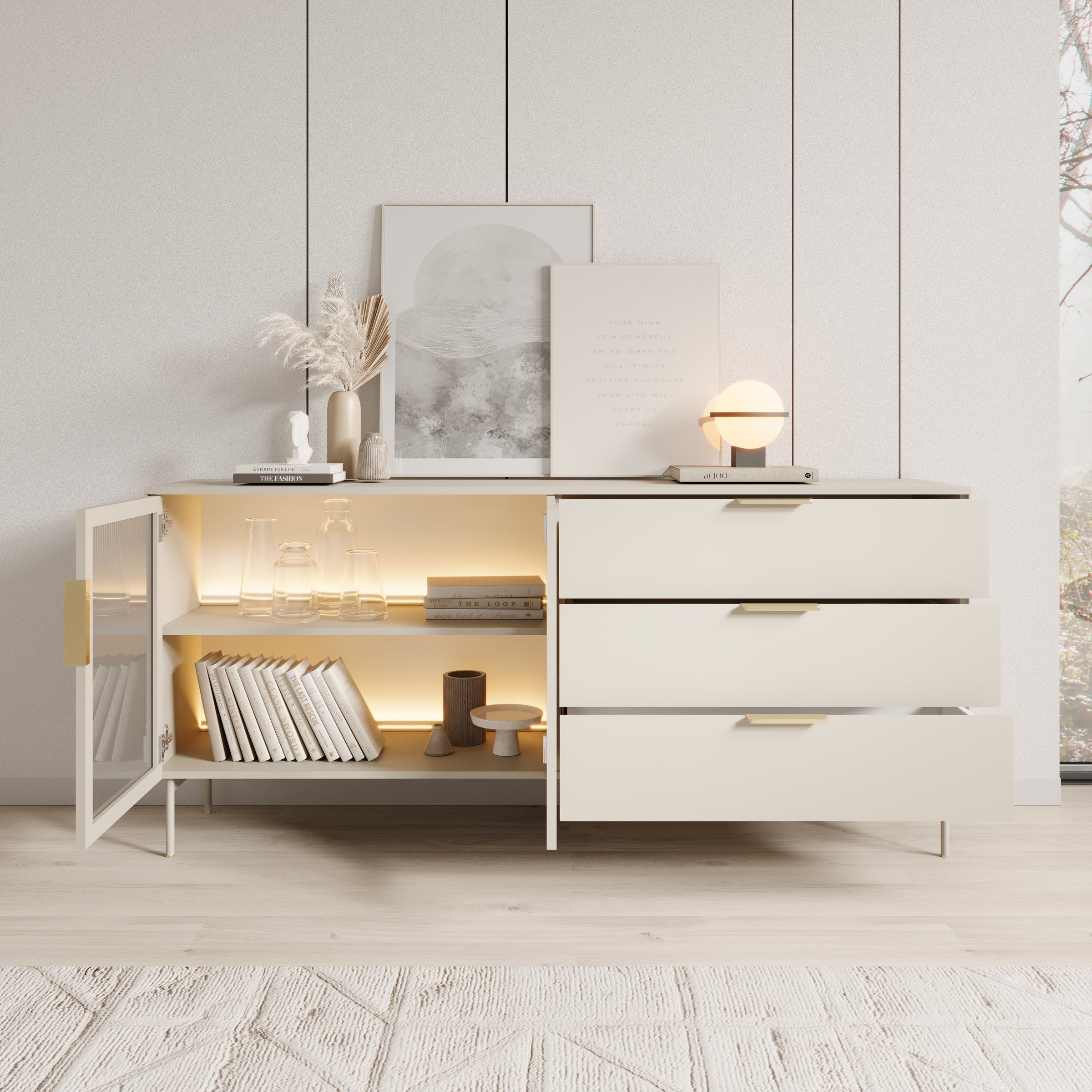 Meubella - Lomo - Dressoir 3 lades - Beige - 181 cm