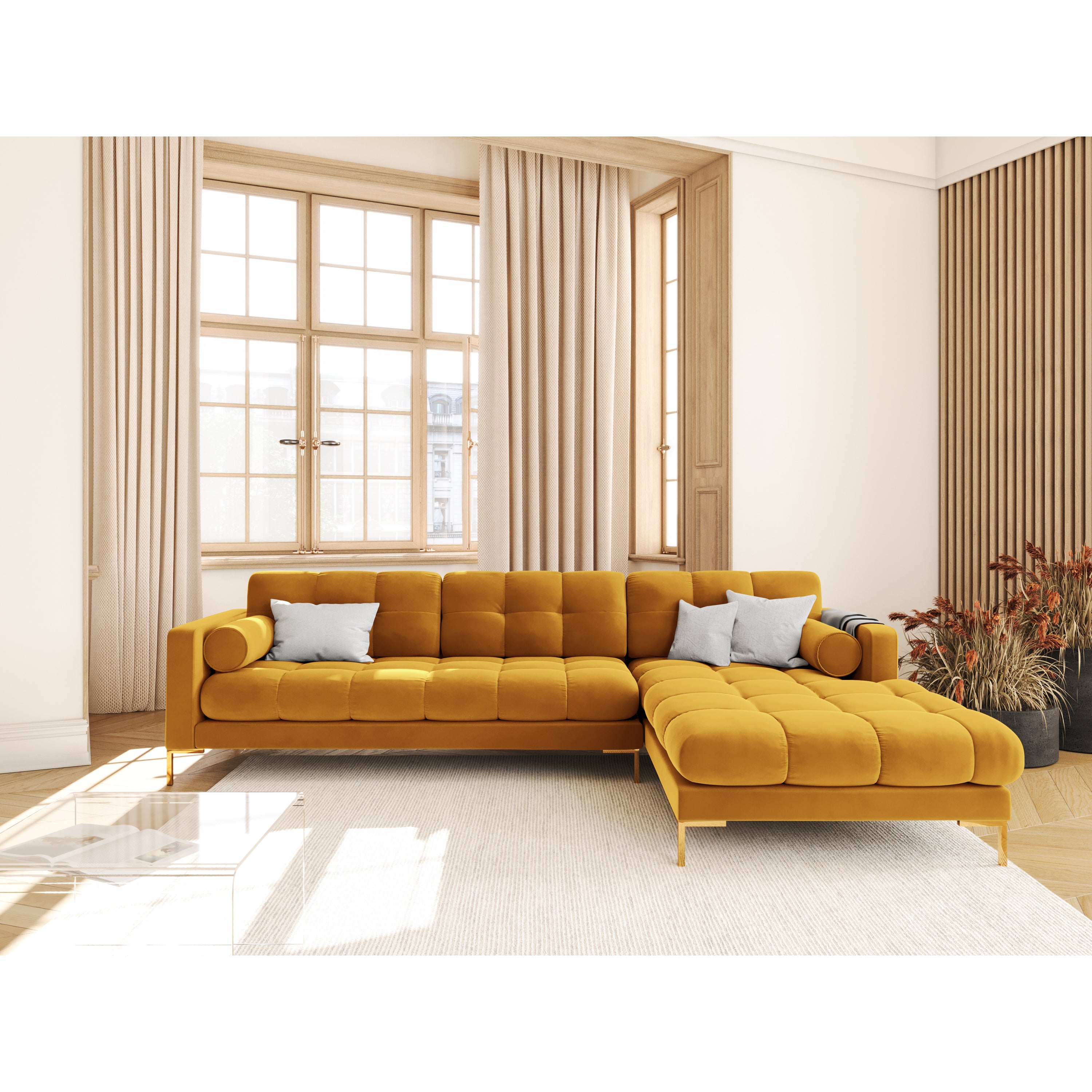 Cosmopolitan Design Bali Hoekbank met Chaise Longue Rechts - Okergeel / Goud