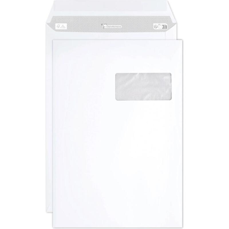 Boite de 250 Pochettes Blanches C4-229x324 mm - Auto-Adhésives - 90g/m2 - Fenêtre PET 50x100 (position 50/20) - Blanc