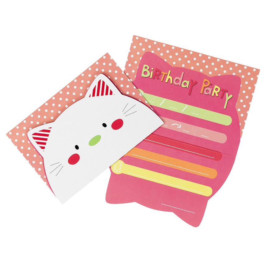Lot de 10 cartons d'invitations anniversaire motif chat - Bleu ou Jaune