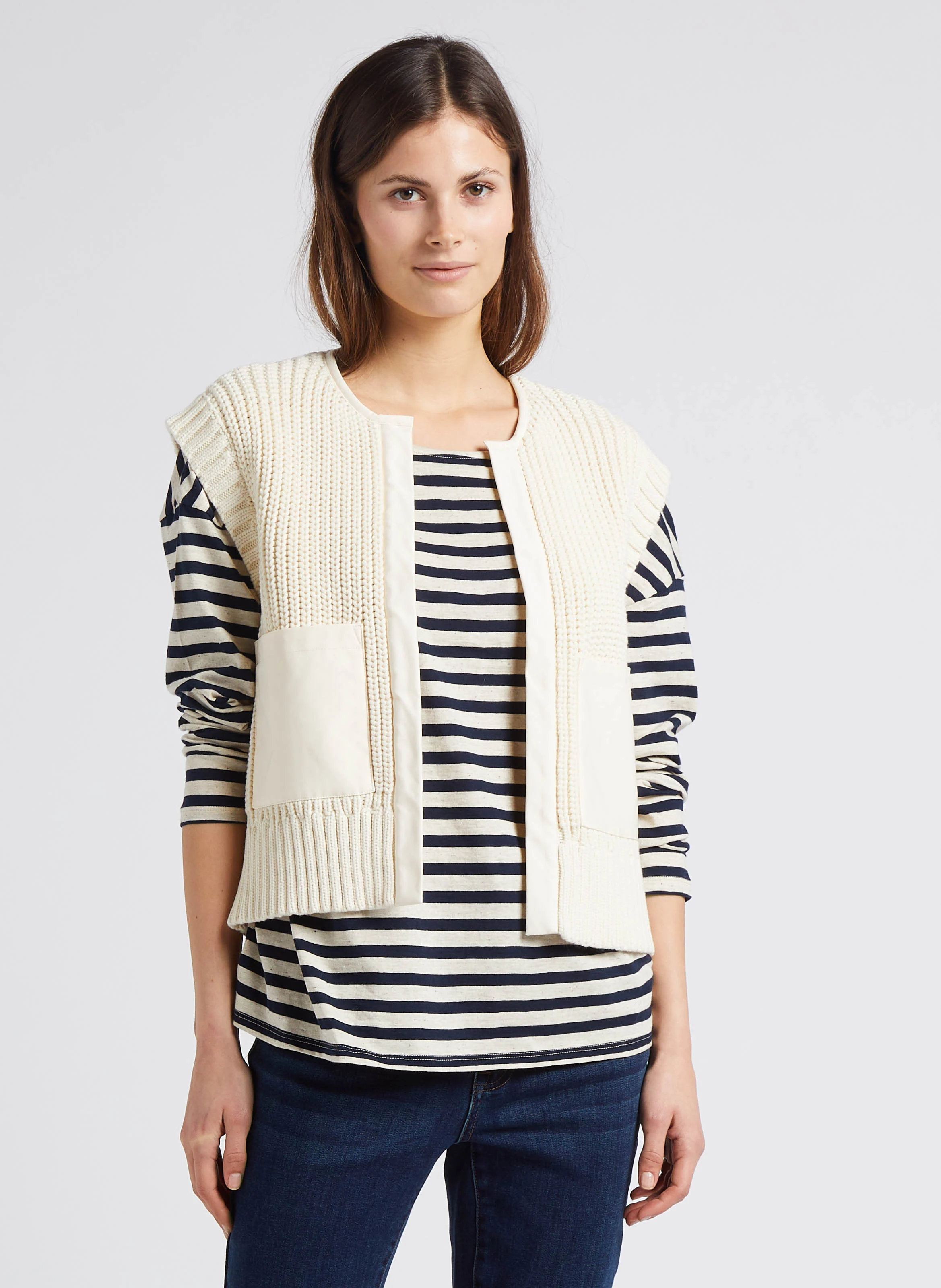 LAURENA - Gilet col rond en coton melangé | Blanc