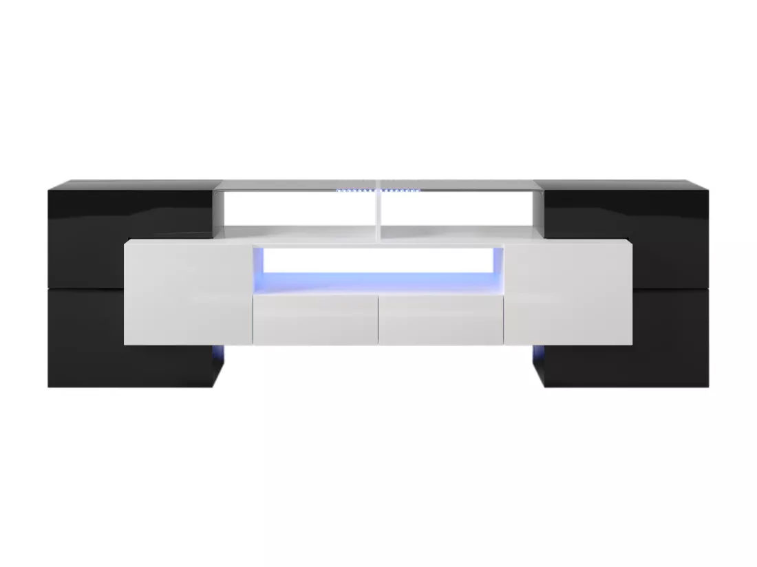 Meuble TV - 200x38x48cm - Blanc et noir brillant - 4 portes, 2 tiroirs, 3 compartiments