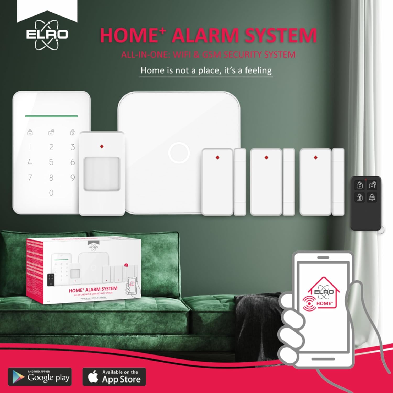ELRO AS90S Home+ Smart Alarmanlage-WiFi-GSM Funktion-Bestens getestet-Mit Basisstation, Bedieneinheit, Bewegungsmelder, 3X Tür-/Fensterkontakt und Funk Key Ring, Komplettes Set