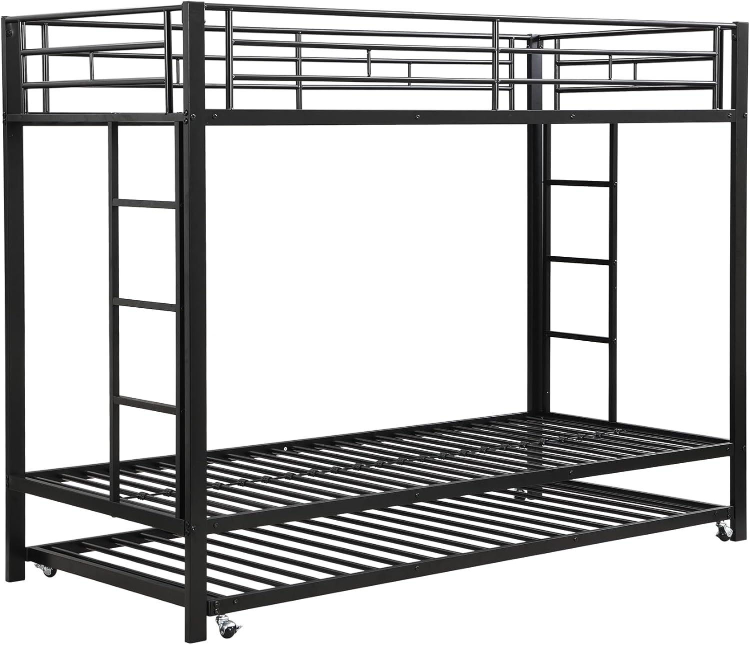 Dreier Hochbett Etagenbett 90x200cm mit Ausziehbett und Leiter, Kinderbett für 3 Kinder mit hohe Geländer, Familienbett Eisenrahmenbett, ohne Matratze (Schwarz)
