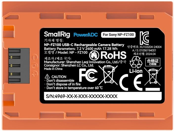 Smallrig Digitalkamera-Akku NP-FZ100 USB-C Orange Wiederaufladbarer Kamera-Akku