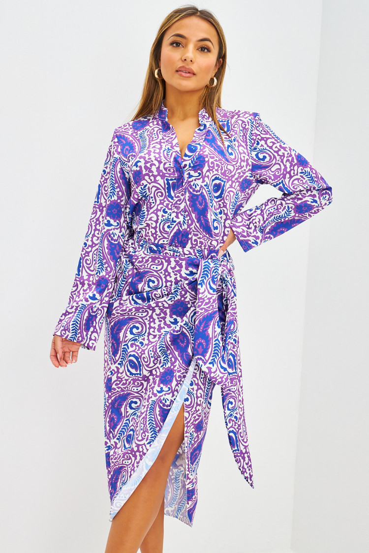 Ensemble chemise + jupe à motif Paisley violet et bleu