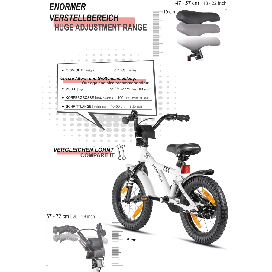PROMETHEUS BICYCLES® Kinderfahrrad 14, Weiß-Schwarz mit Stützrädern