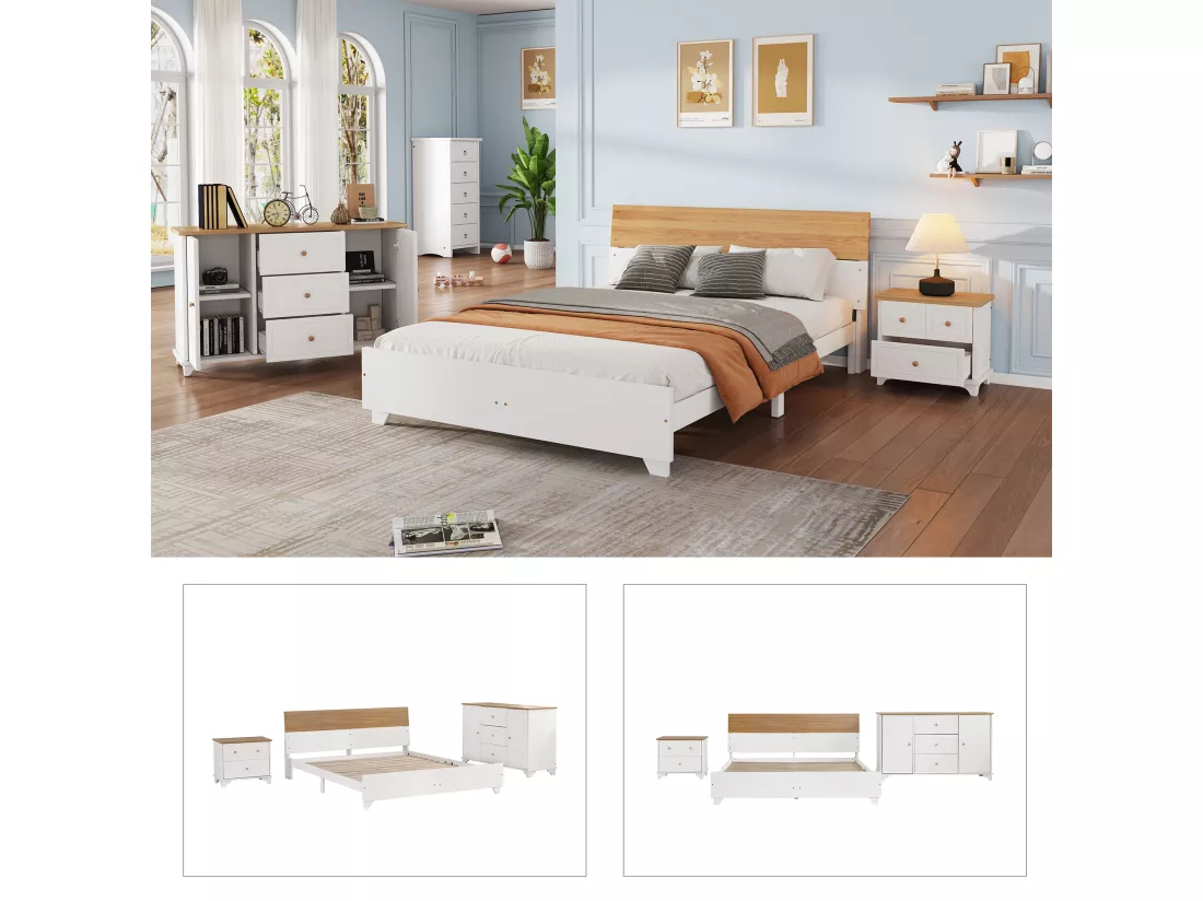 Ensemble chambre complet - lit adulte 160 x 200 cm avec table de chevet + commode - Pin+MDF - blanc + naturel