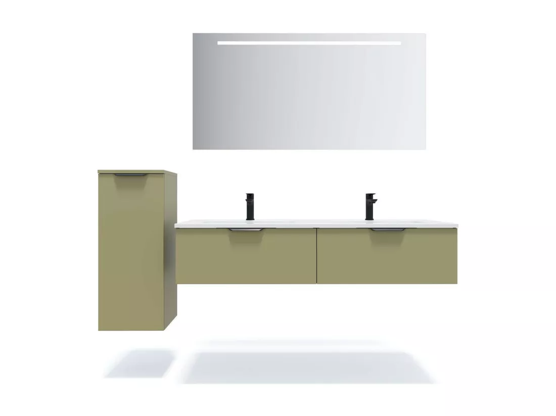 Meuble de salle de bain suspendu double vasque intégrée 140cm 2 tiroirs Vert olive - Soho