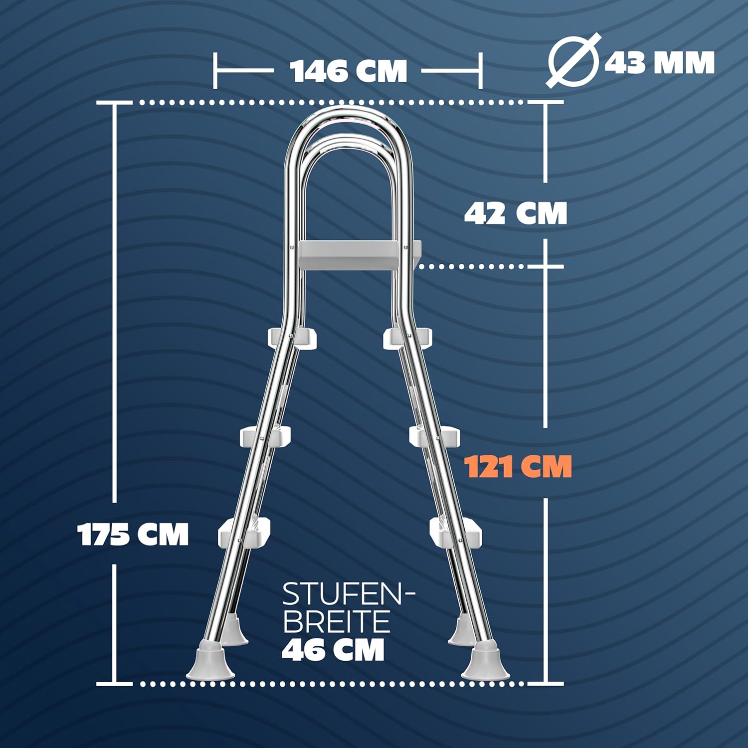 poolomio® Poolleiter Edelstahl mit Handlauf bis 120 cm | Einstiegsleiter mit 3 Stufen für Aufstellpools von 0,9 m bis 1,22 m | sicherer Einstieg, langlebig, stabil | Sicherheitsleiter Traglast 150 kg