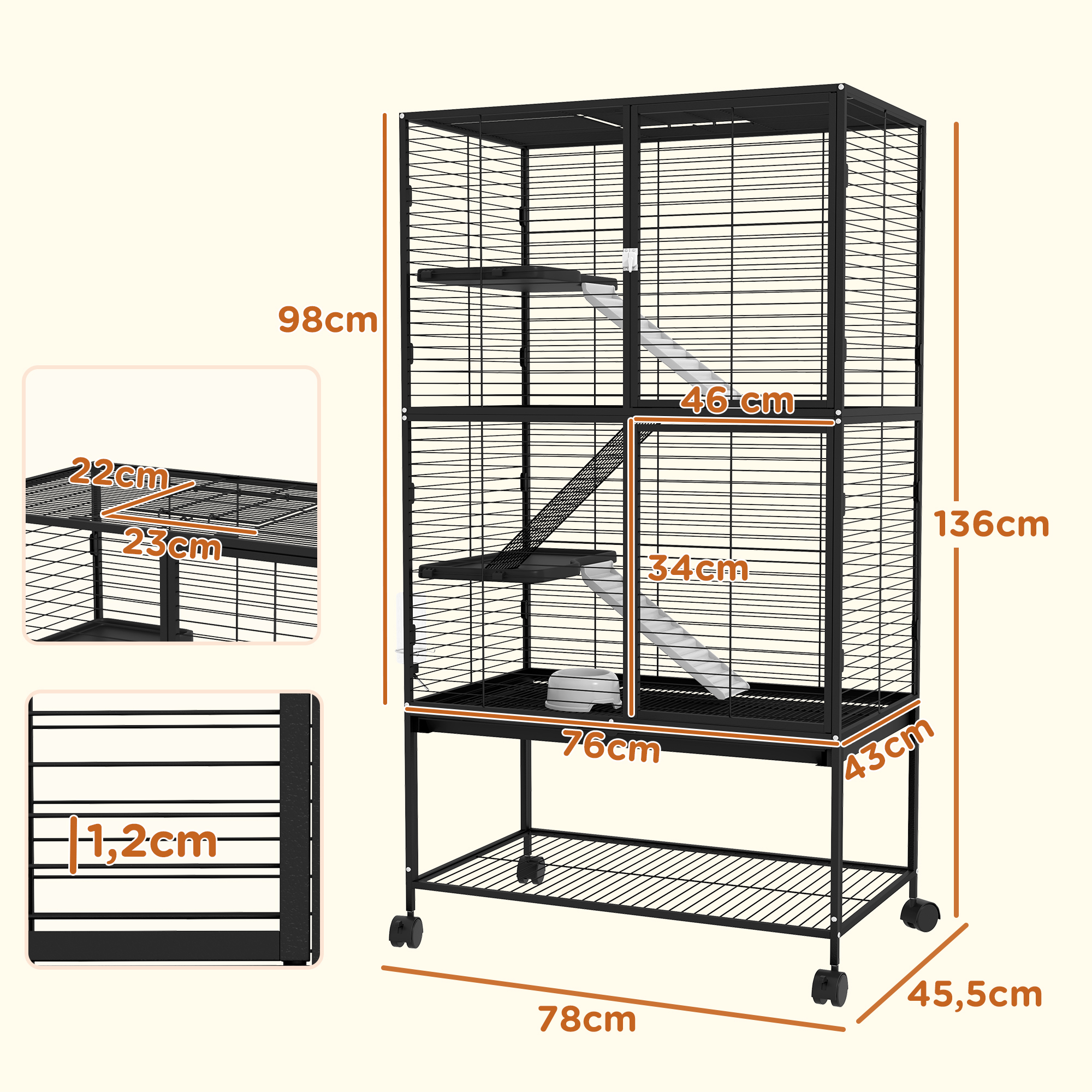 Gaiola PawHut de 4 Níveis para Pequenos Animais, Cercado com Rodas, Rampa, Bebedouro, Garrafa de Água e Bandeja Removível, Ideal para Coelhos, Chinchilas e Furões, 78x45,5x136 cm, Preta