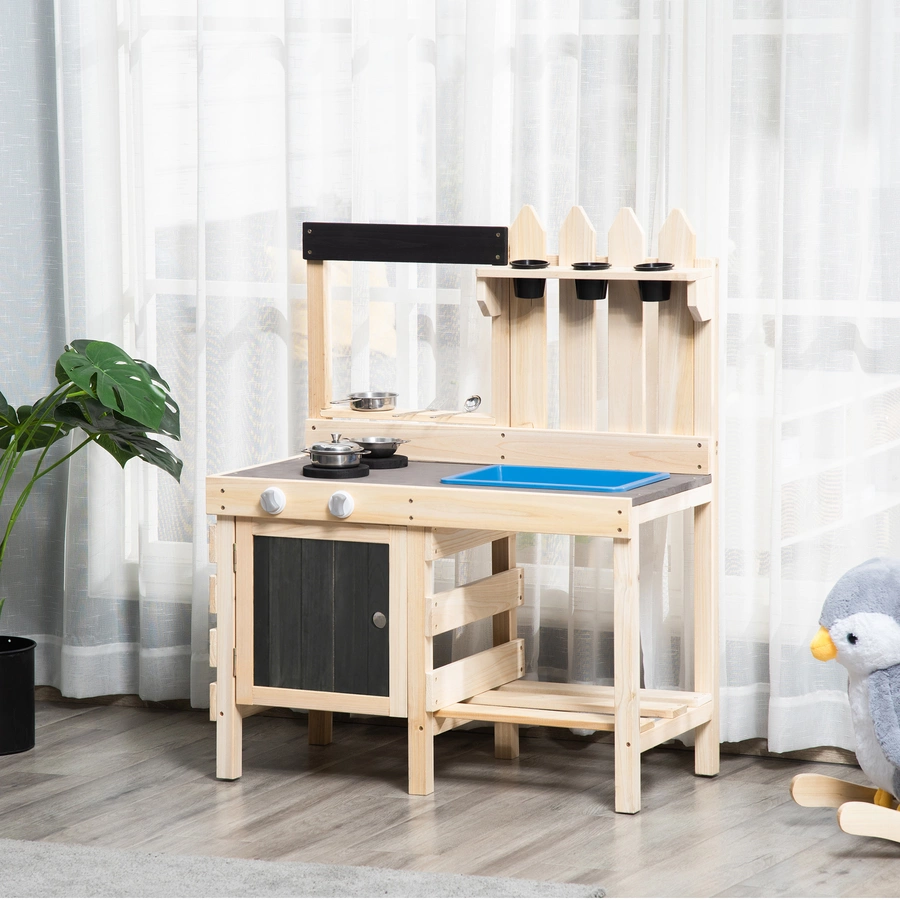 Outsunny Kinderküche mit Pflanzentöpfe natur