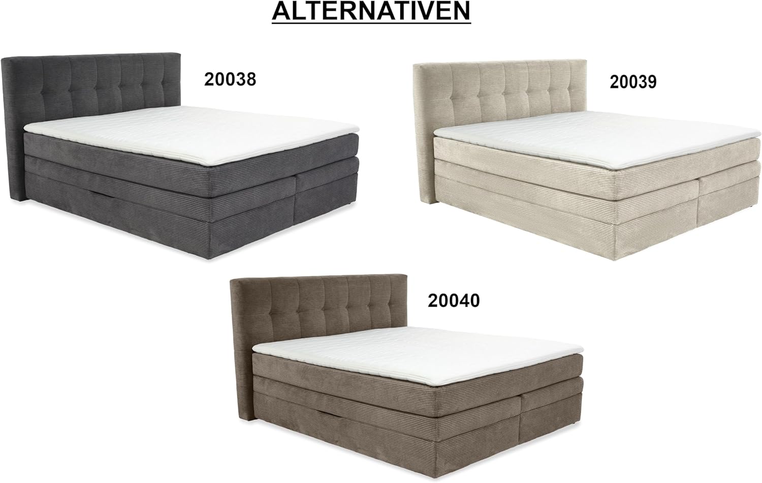 Modernes Boxspringbett 180x200 cm, 2x 7-Zonen-Tonnentaschen-Federkernmatratzen H3 inkl. Kaltschaum-Topper, Boxen mit Bonell-Federkernpolsterung und 2 Bettkästen, Bezug Cord Grau Anthrazit / 20038