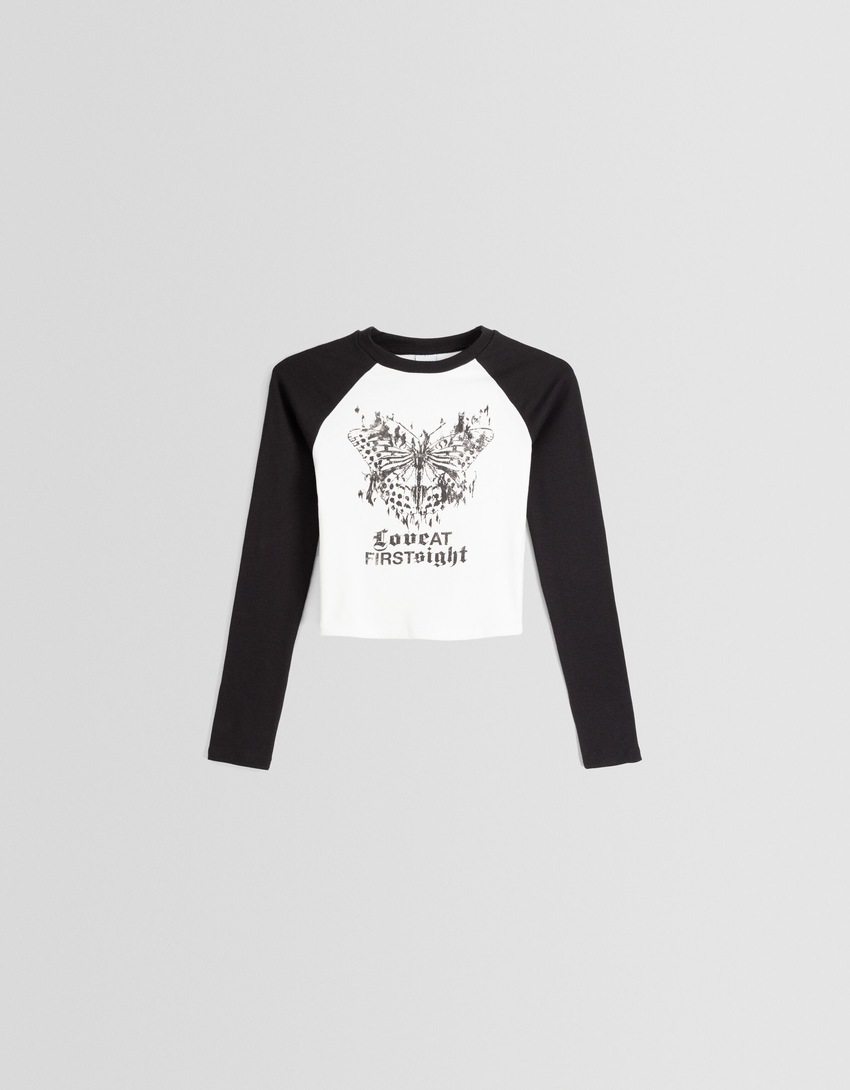 Camiseta longa raglan estampada