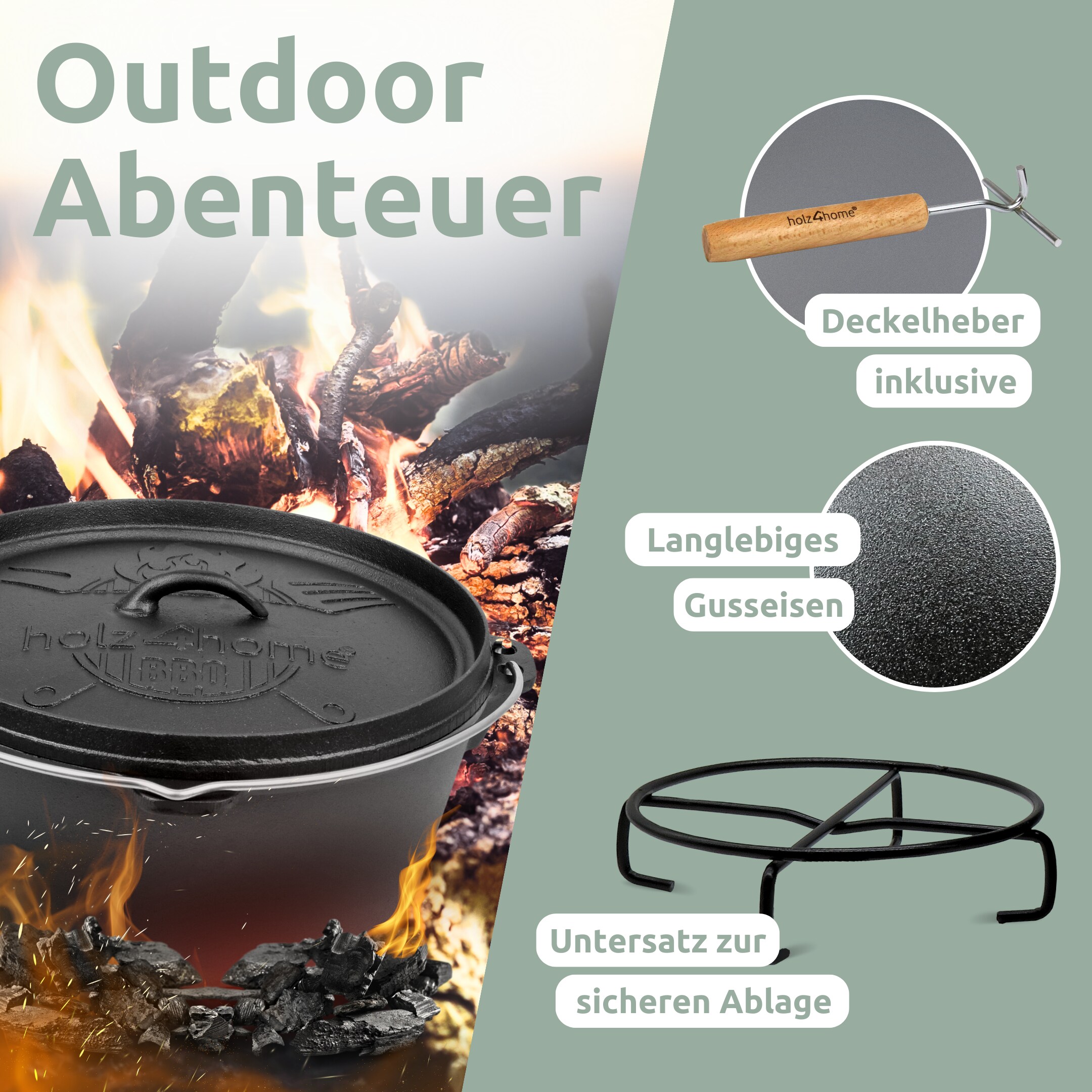 holz4home® Dutch Oven ohne Füße I eingebrannter Feuertopf aus Gusseisen I inkl. Deckelheber, Topfständer und Reinigungsbürste | 9 Liter