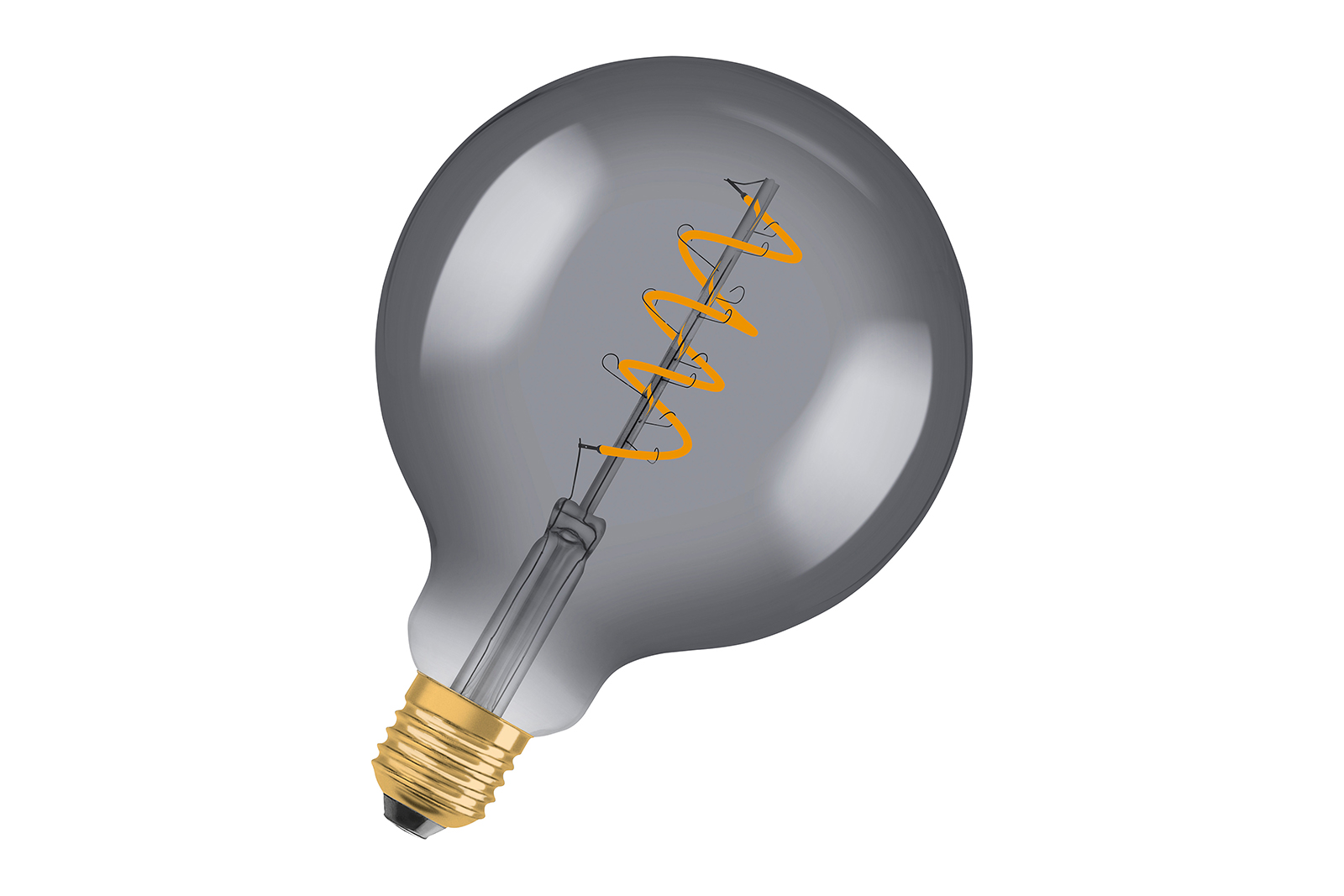Globe LED-dekorpære E27 Sotet glass med spiralformet LED-filamenter, varm glødende lysfarge og E27-sokkel. Ikke dimbar.