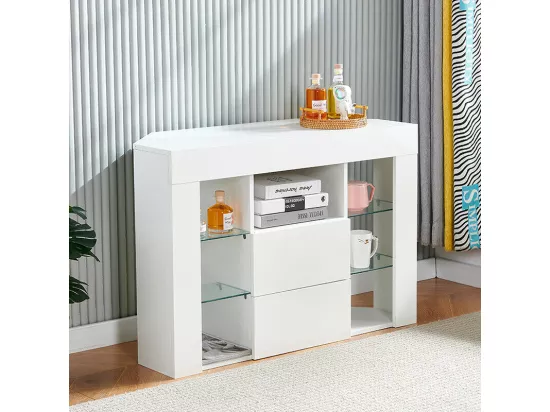 Meuble TV d'angle Moderne à LED Lumière, Banc TV Moderne Blanc Haut Brillant, 9 Compartiments, Meuble Salon 100x40x68CM