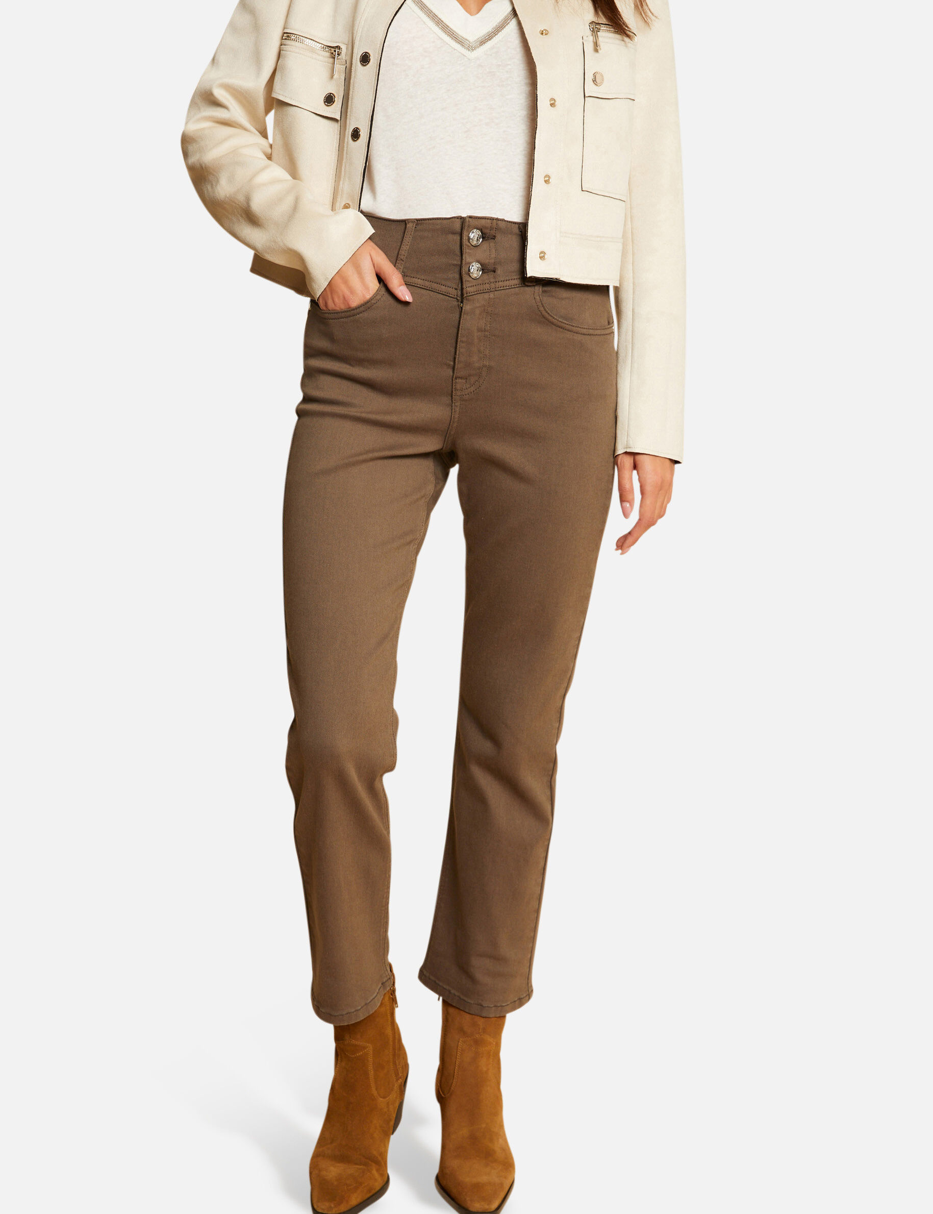 Pantalon droit taille haute 7/8ème vert kaki femme - vert_kaki