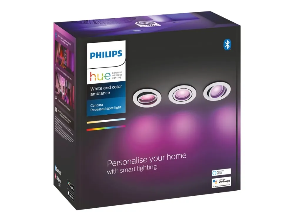 Philips Hue White and Color Ambiance Centura - Indlejret spotlys - LED-spot lyspære - GU10 - 5.7 W - klasse G - 16 millioner farver/varmt hvidt til koldt hvidt lys - 2000-6500 K - hvid (pakke med 3)