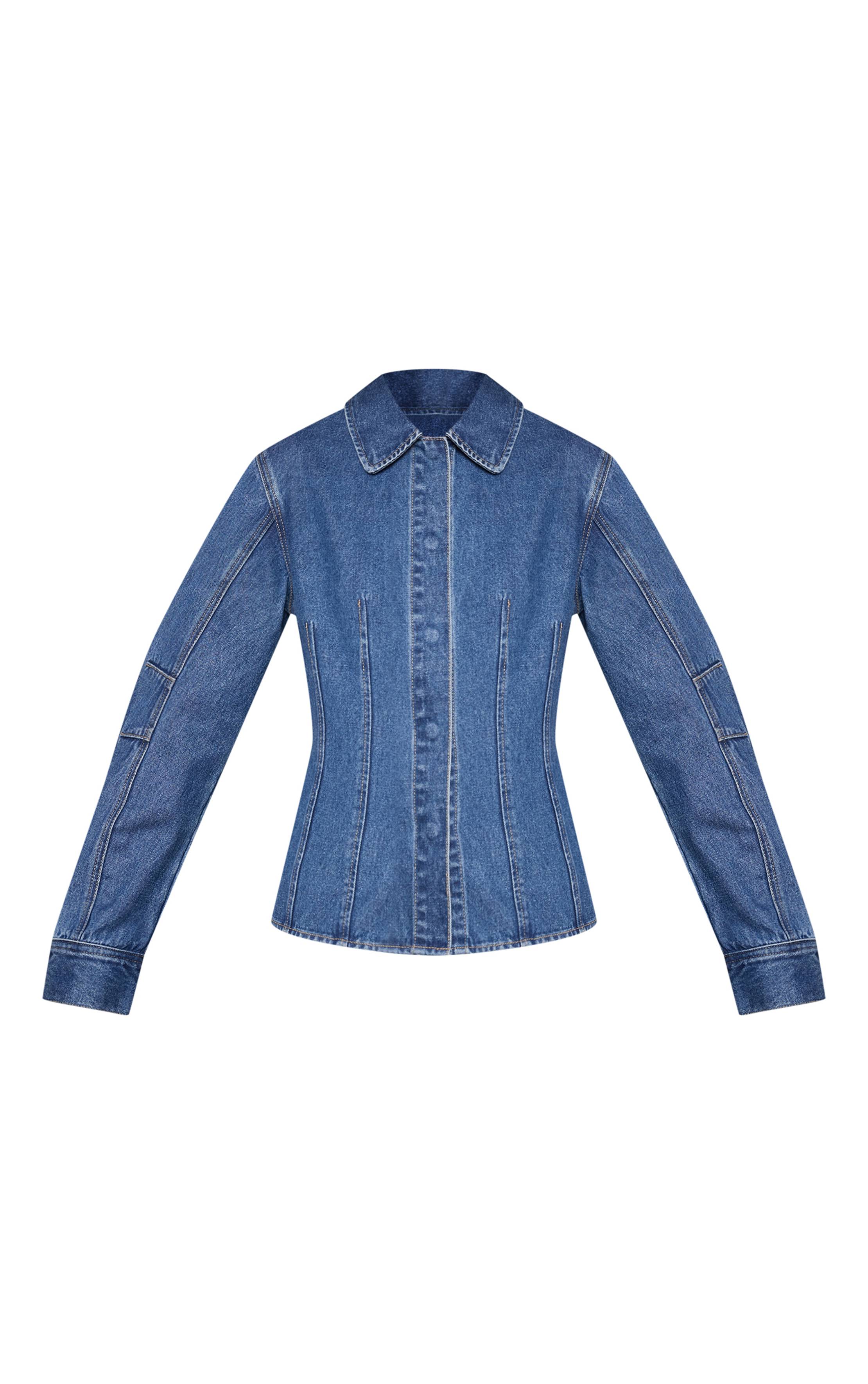 Bleu Foncé Chemise En Jean Cintrée À Manches Ballon