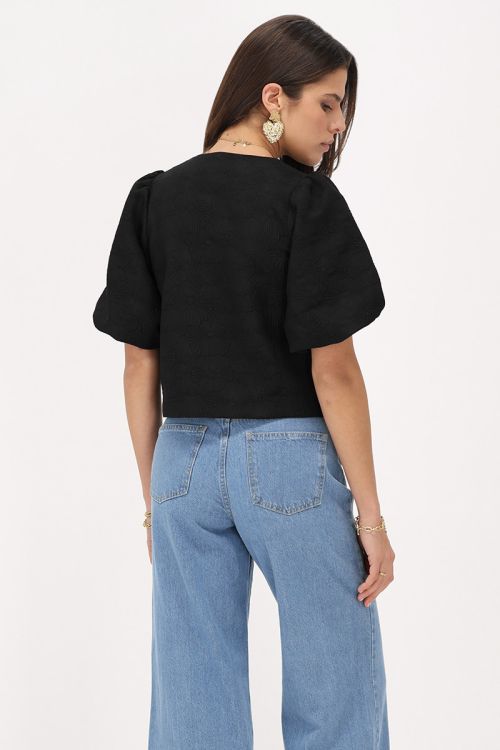 Zwarte jacquard top met pofmouwen