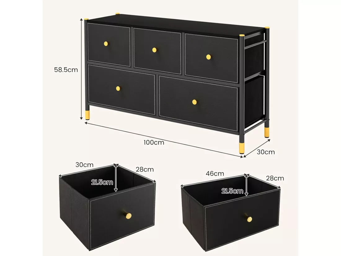 Commode Chambre, Commode Chambre Adulte 5 Tiroirs en Cuir PU et Tissu Pliable, Cadre en Métal, Chiffonnier Moderne avec Poignée Doré, Commode Rangement pour Salon, Entrée, Noir (5 Tiroirs)