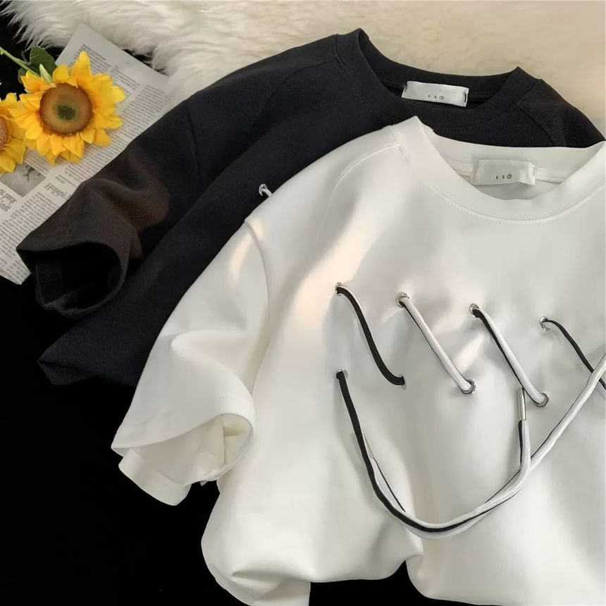 fluffush - T-shirt met ronde hals en trekkoord, met elleboogmouwen