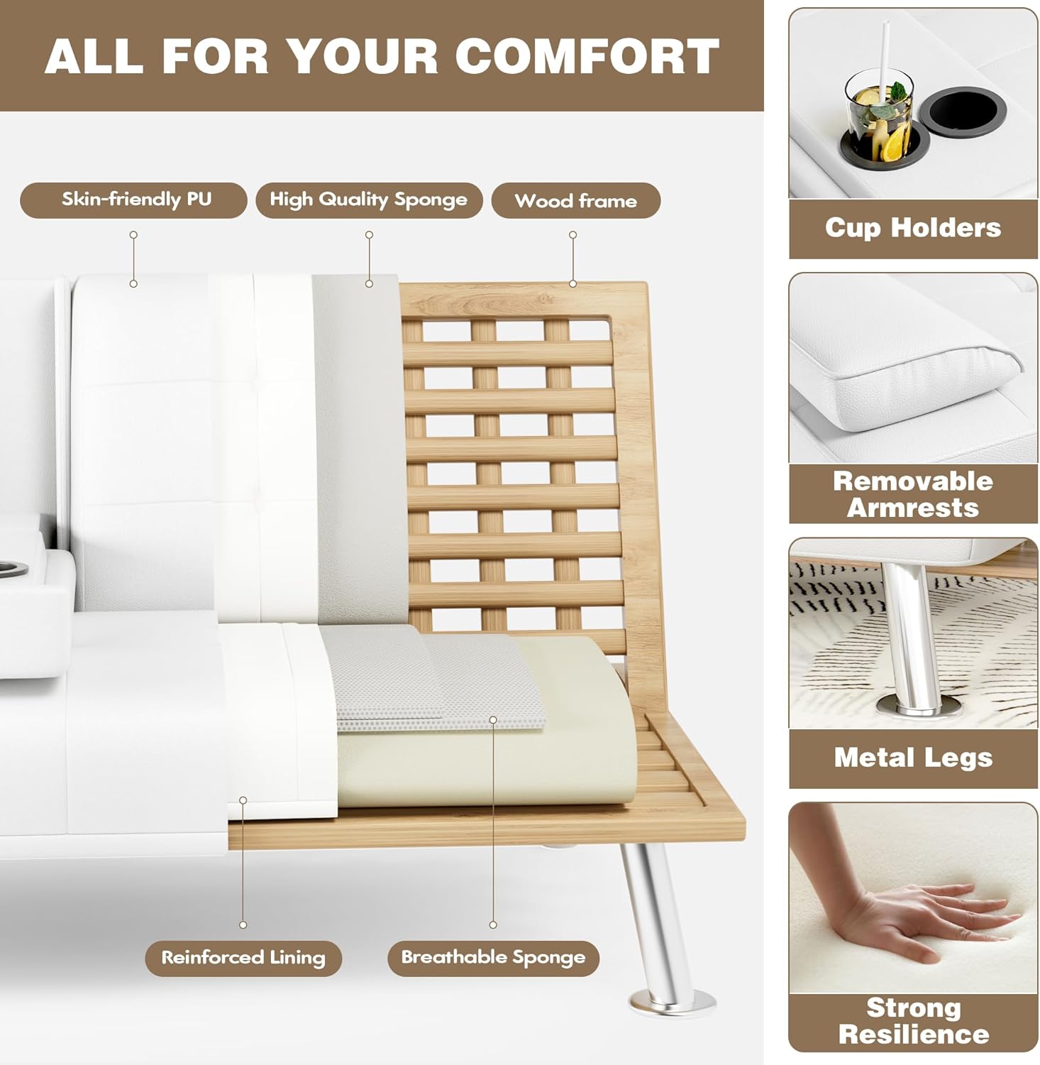 Homall Futon Schlafsofa, Leder-Futon-Couch mit abnehmbaren Armlehnen, verstellbare Liege, Schlafsofa mit zwei Getränkehaltern für Wohnzimmer, Wohnung, Büro (Weiß)
