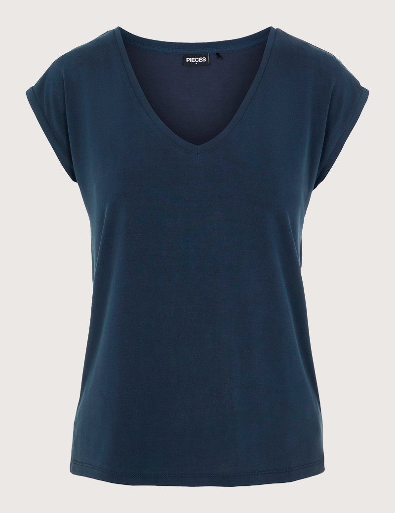 PIECES T-SHIRT COL V KAMALA BLEU