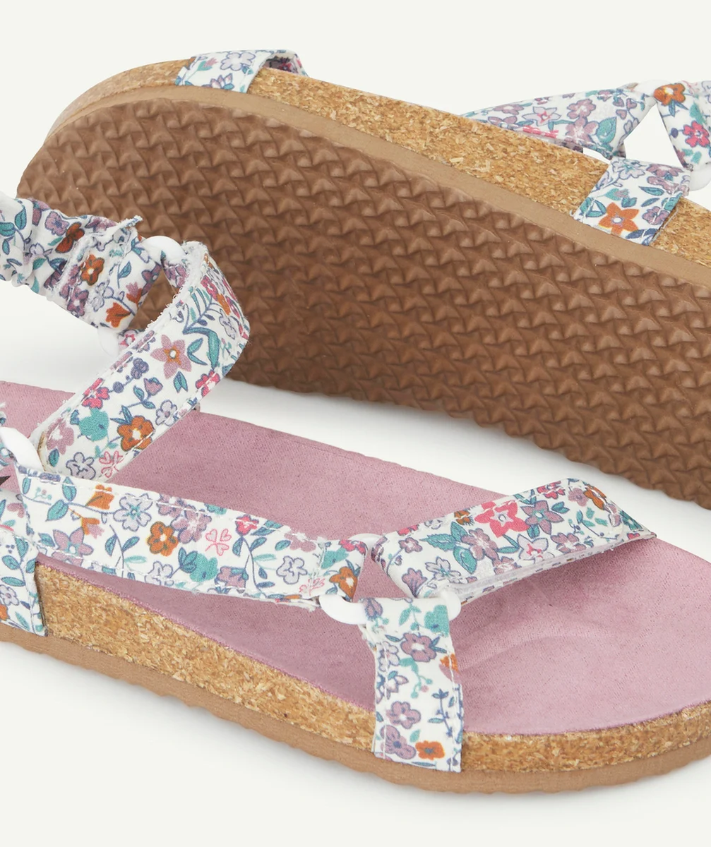 SANDALES FILLE BLANCHES ET ROSES IMPRIMÉES FLEURIES AVEC SCRATCH