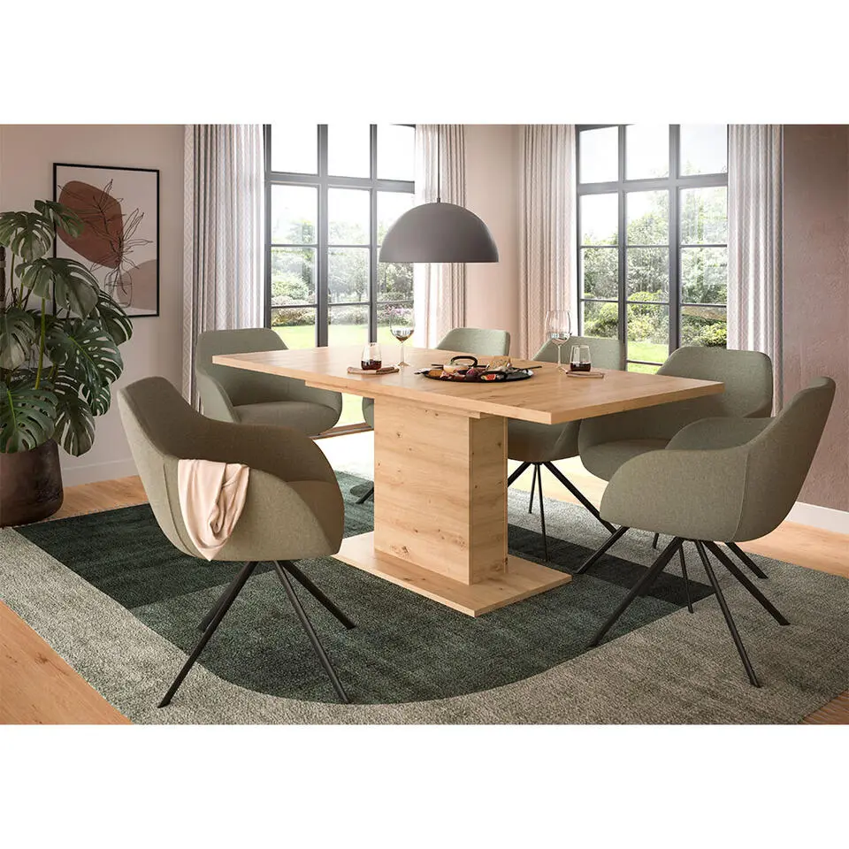 Hioshop Motion eetkamertafel zuilpoot 90x150/190cm incl 1 verlengblad eik