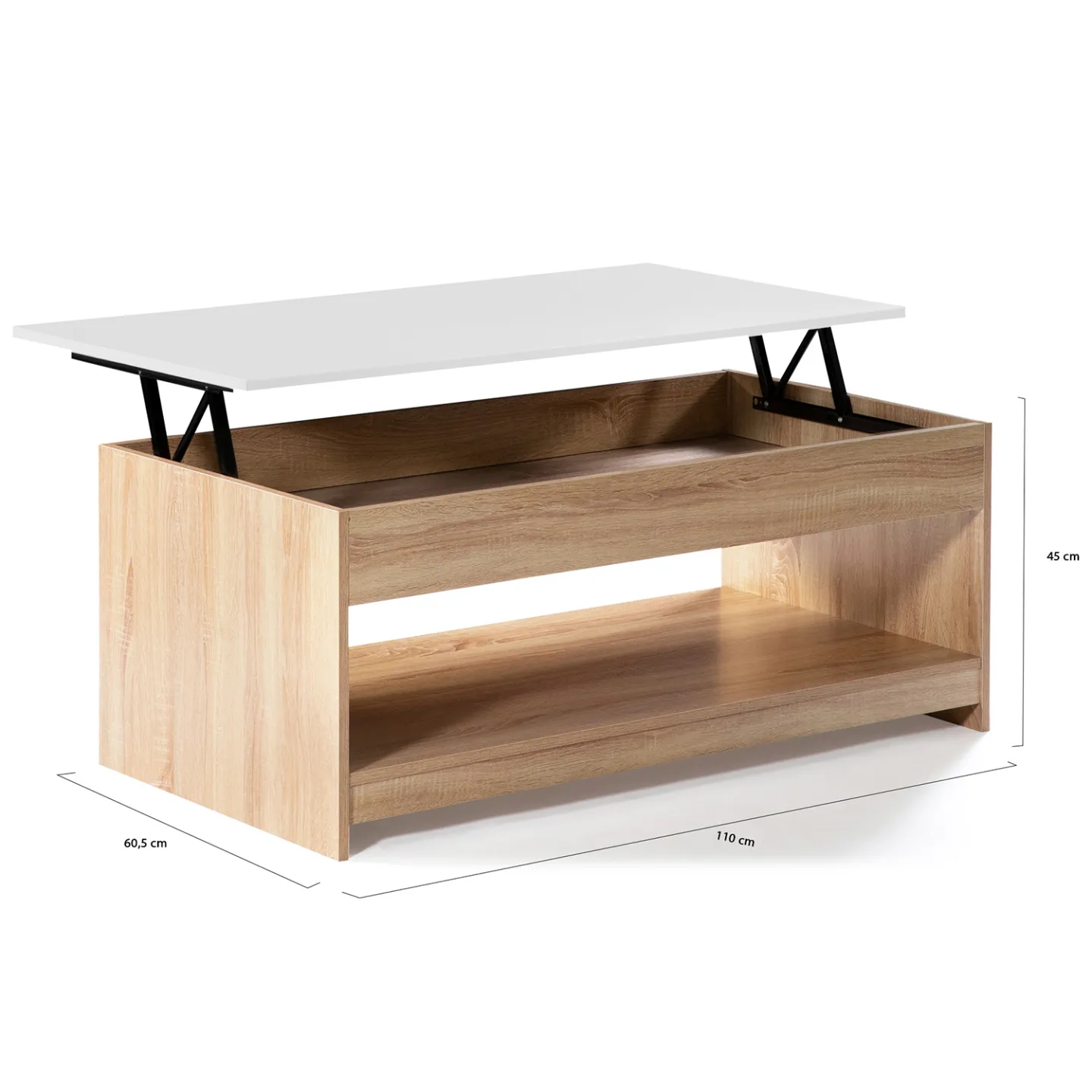 Table basse plateau relevable rectangulaire SOA bois imitation hêtre plateau blanc