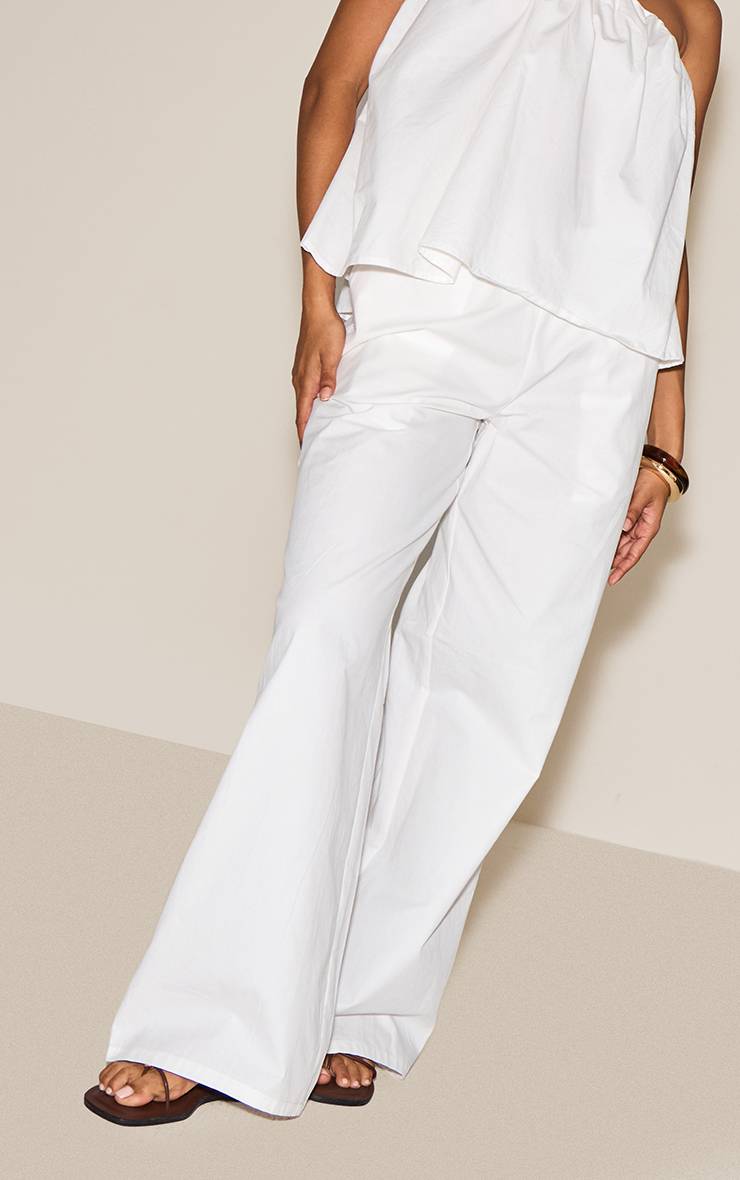 Crème Pantalon Large En Coton Tissé À Taille Élastiquée