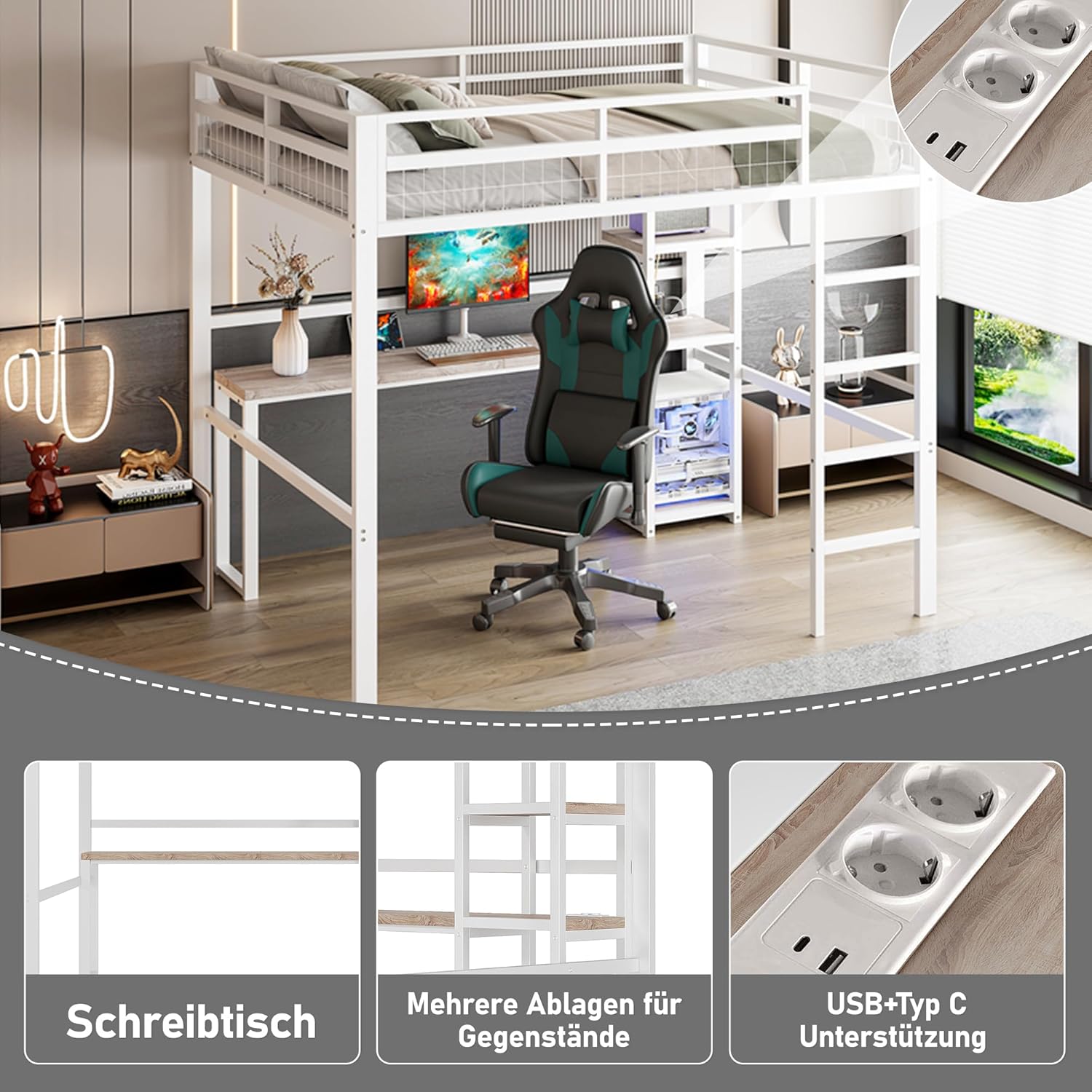 Hochbett, 140 x 200cm, Eisenrahmen, mehrere Einlegeböden, Schreibtisch mit Steckdose, mit USB Type-c, Geländer, Trittleiter, ohne Matratze, Weiß - B