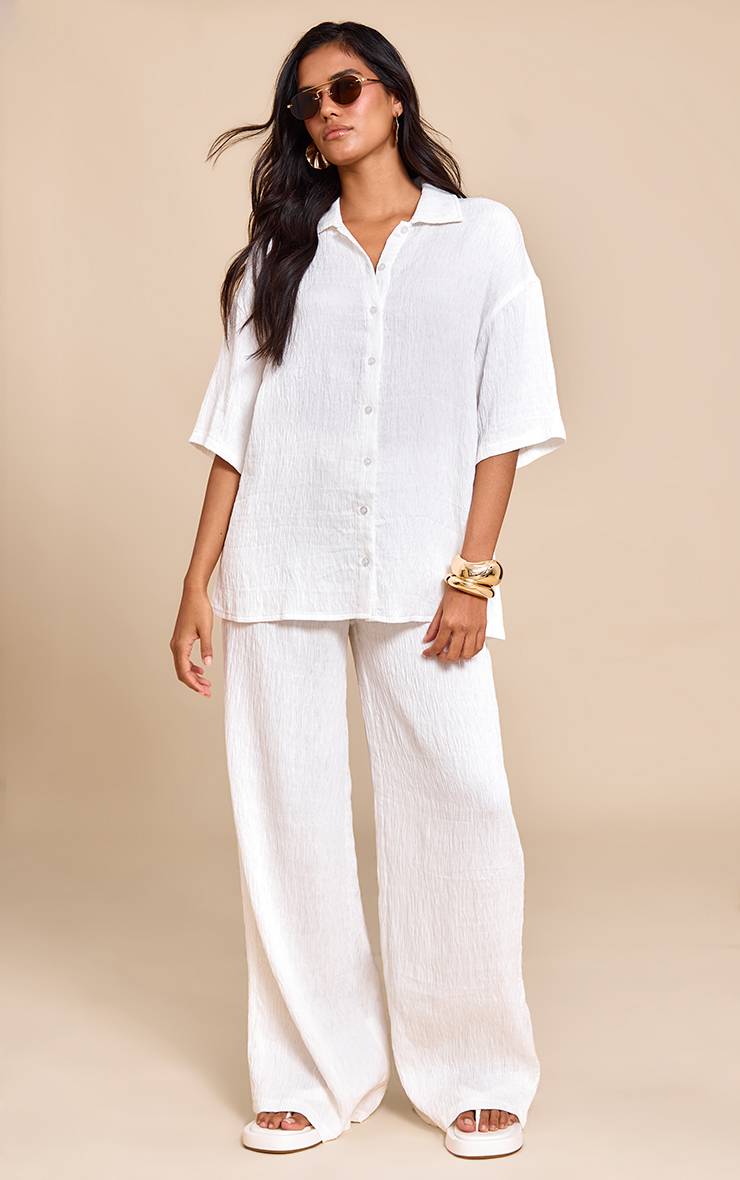 Blanc Chemise Oversize À Manches Courtes En Tissu Texturé Tissé