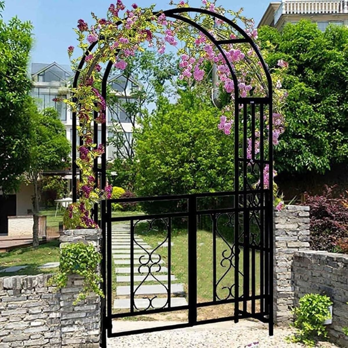 DTGPRO Rosenbogen Torbogen Rankhilfe Mit Tür Metall Spalier Tor Gartenbogen Rankbogen Rankenbogen Rankgitter, Witterungsbeständig, Für Verschiedene Kletterpflanzen, 210x114x52cm Schwarz