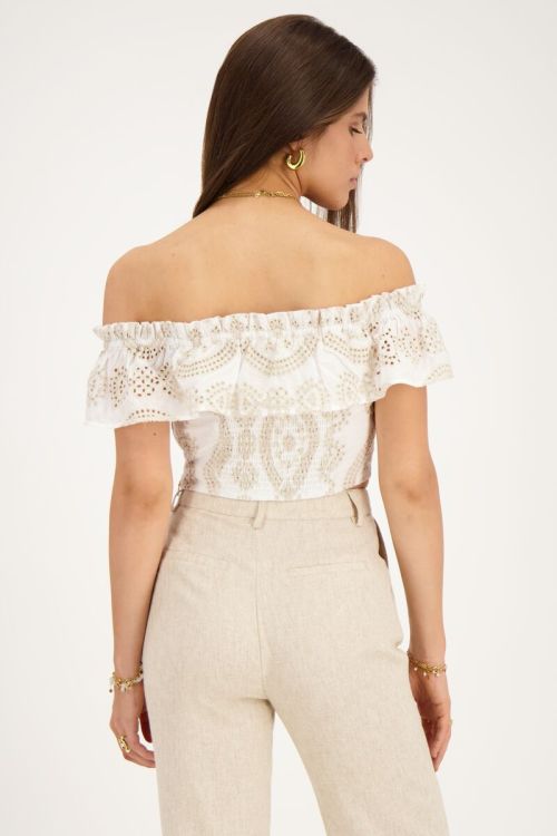 Beige cropped top met contrasterende embroidery
