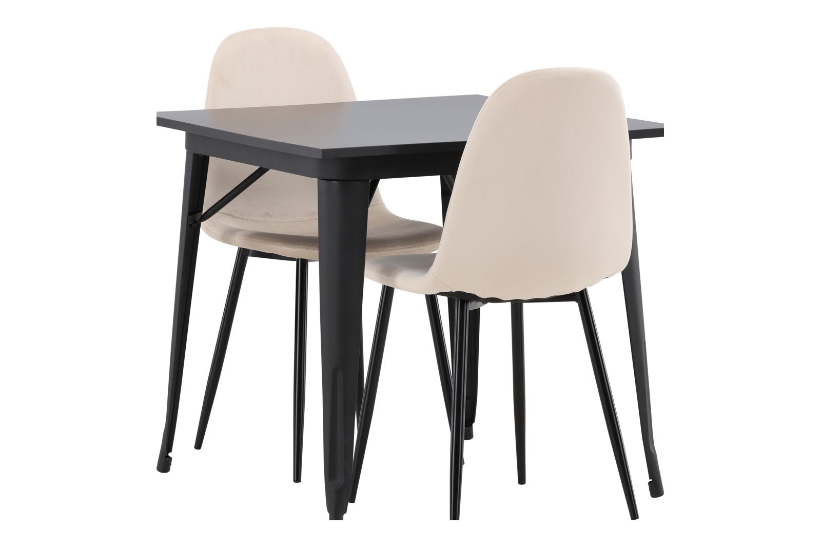 Tempe og Polar Spisegruppe Tempe spisebord 80x80cm i sort med 2 stk. Polar spisestoler i Beige fløyel og sorte ben.