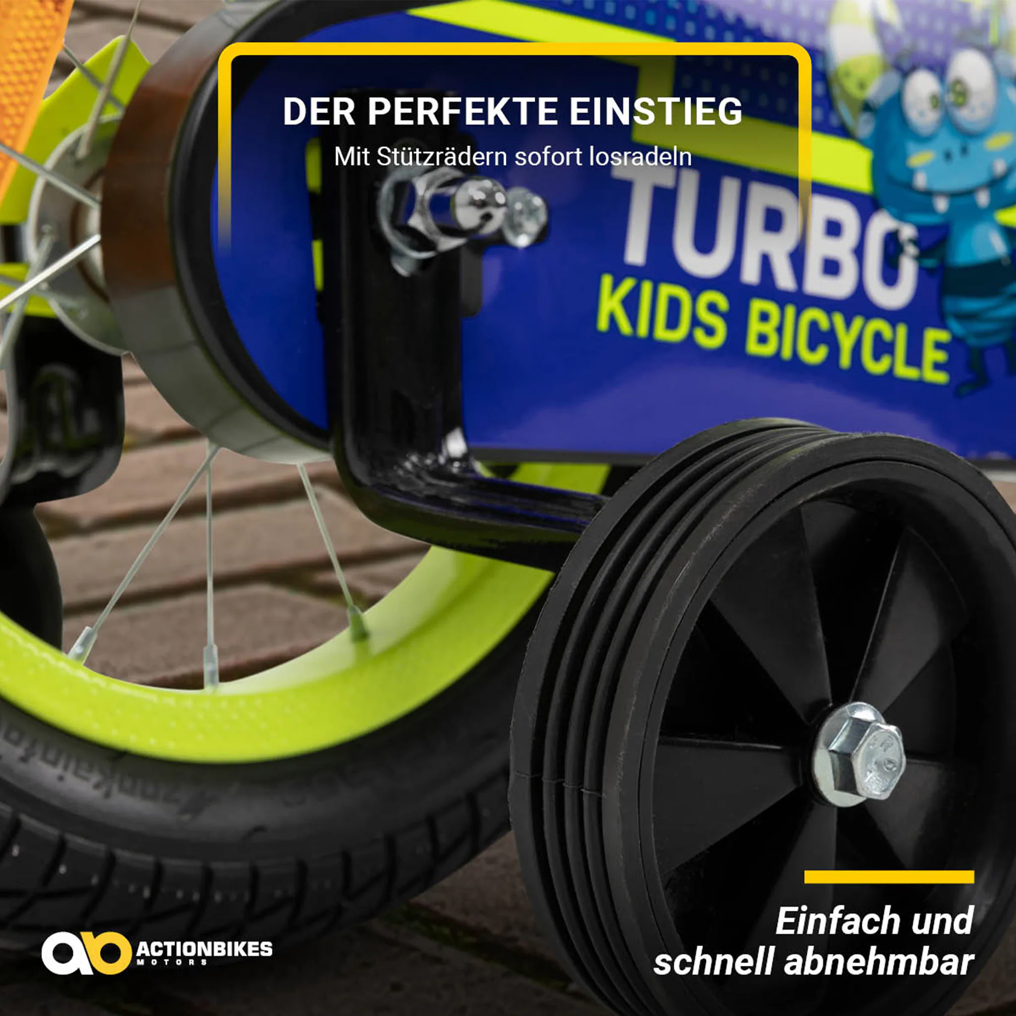 Actionbikes Kinderfahrrad Turbo 12 Zoll, Stützräder, V-Brake-Bremsen, Lenker-/Kettenschutz, Klingel