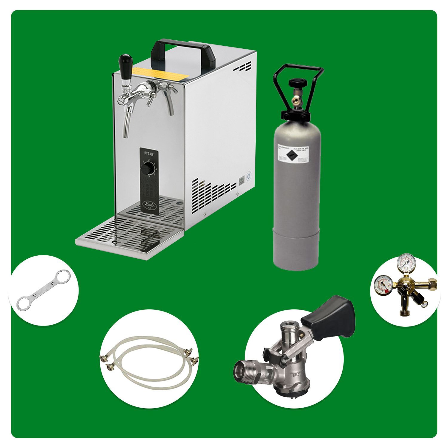 Komplett Set - Zapfanlage, Bierzapfanlage, Bierkoffer, Durchlaufkühler PYGMY 25 LE, 1-leitig Trockenkühler, 30 Liter/h, Green Line, 5 Liter Adapter
