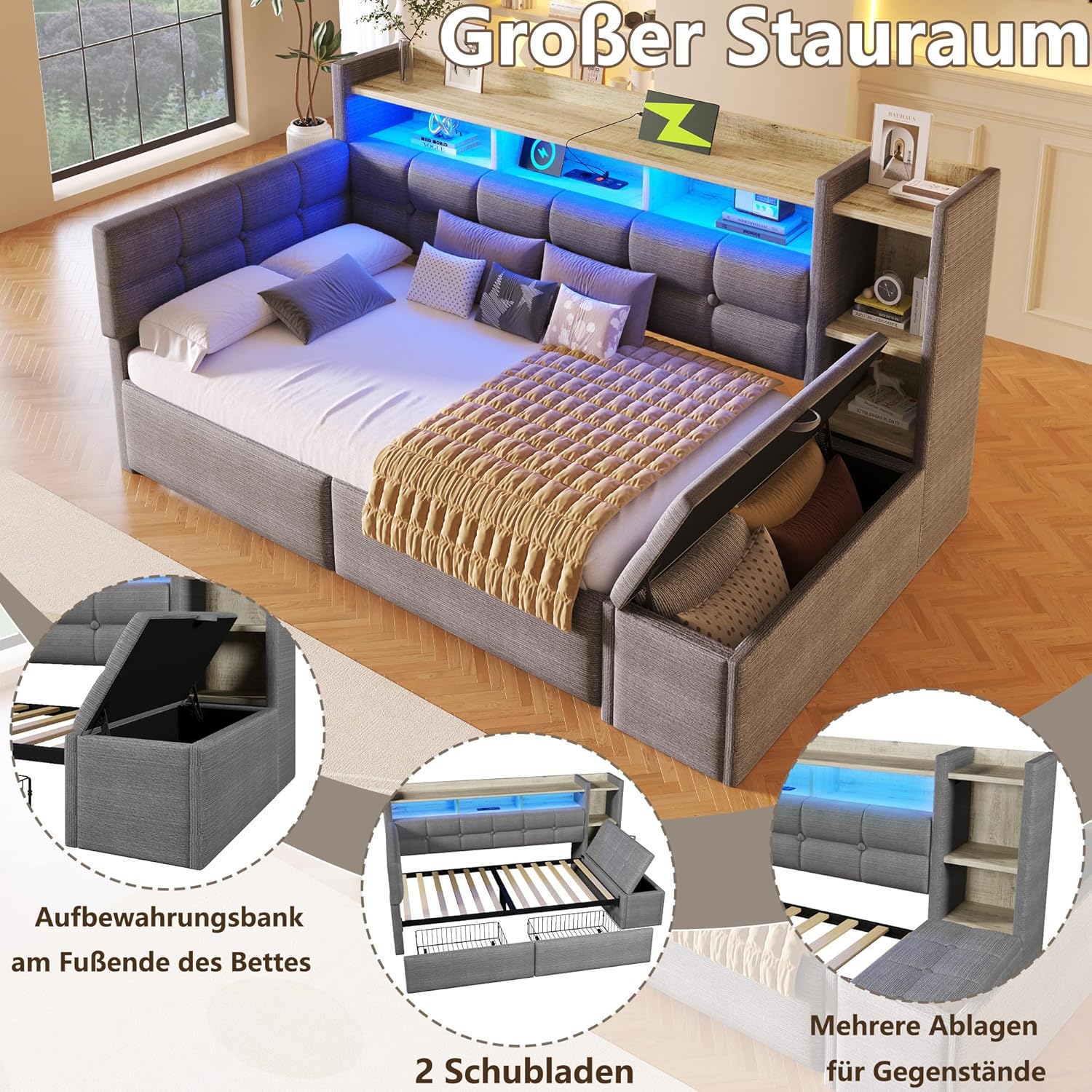 Tagesbett, Daybett, Schlafsofa, 90×190cm, mit Zwei Schubladen, USB- und Typ-C-Anschlüssen, Ablagefach, Stauraumbank am Fußende, LED-Lichtleiste, Ohne Matratze, Samt (Dunkelgrau)