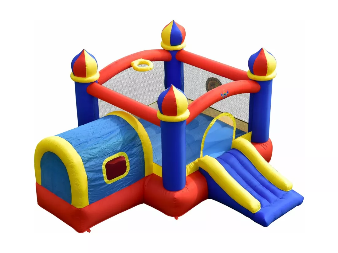 Château Gonflable pour Enfant avec Espace de Rebonds, Petite Maison, Toboggan, Panier de Basket, Sac de Transport et Kit de Réparation, 335 x 382 x 210 cm(sans Gonfleur)
