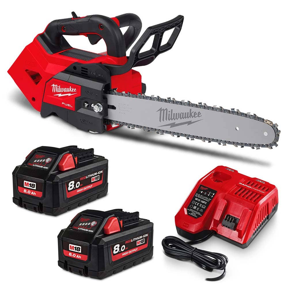 Kit de motosserra com cabo superior MILWAUKEE FUEL™ 18V com 2 baterias de 8,0 Ah e 356 mm (14