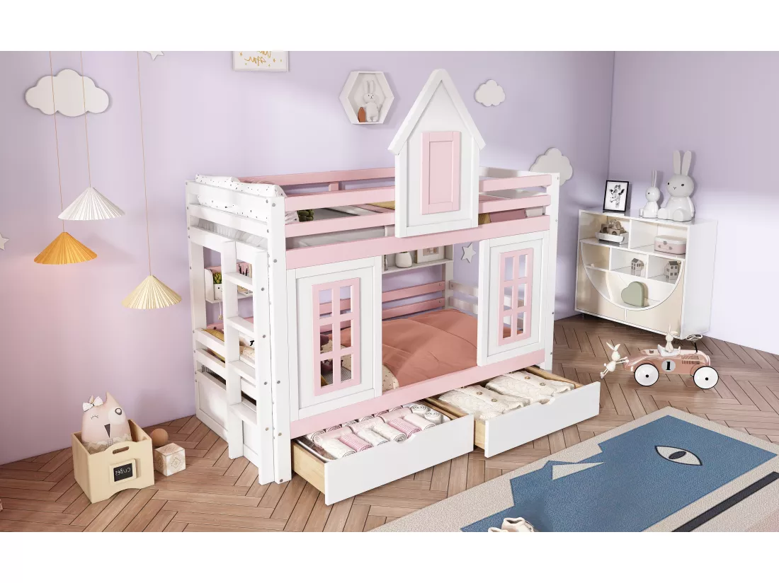 Lits superposés 2 x 90 x 200 cm avec 2 tiroirs, fenêtres et barrières de sécurité - pin + MDF - blanc + rose (sans matelas)