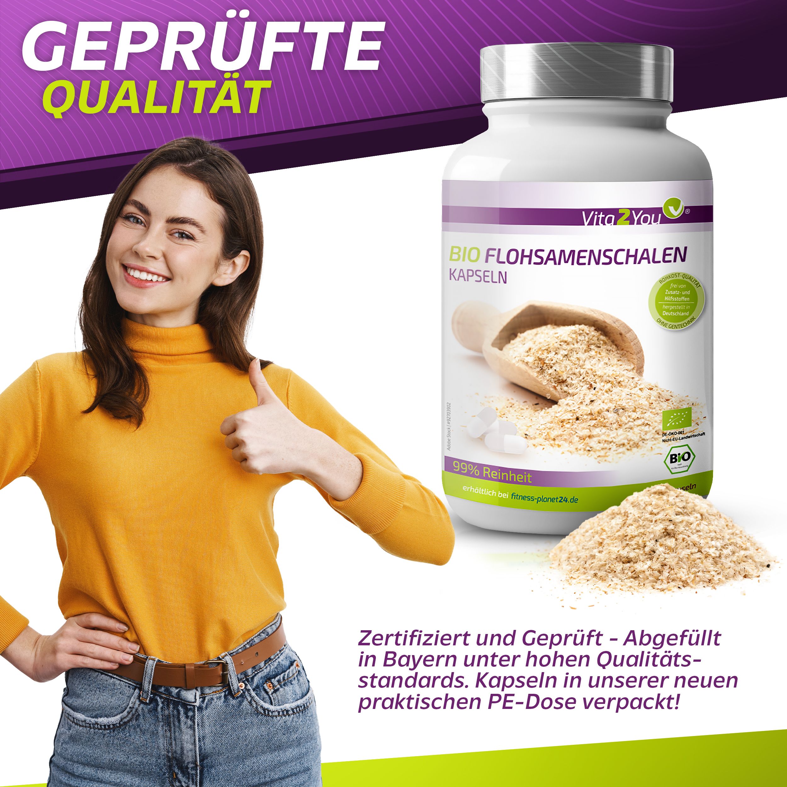 Vita2You Bio Flohsamenschalen Kapseln 750mg - Hochdosiert