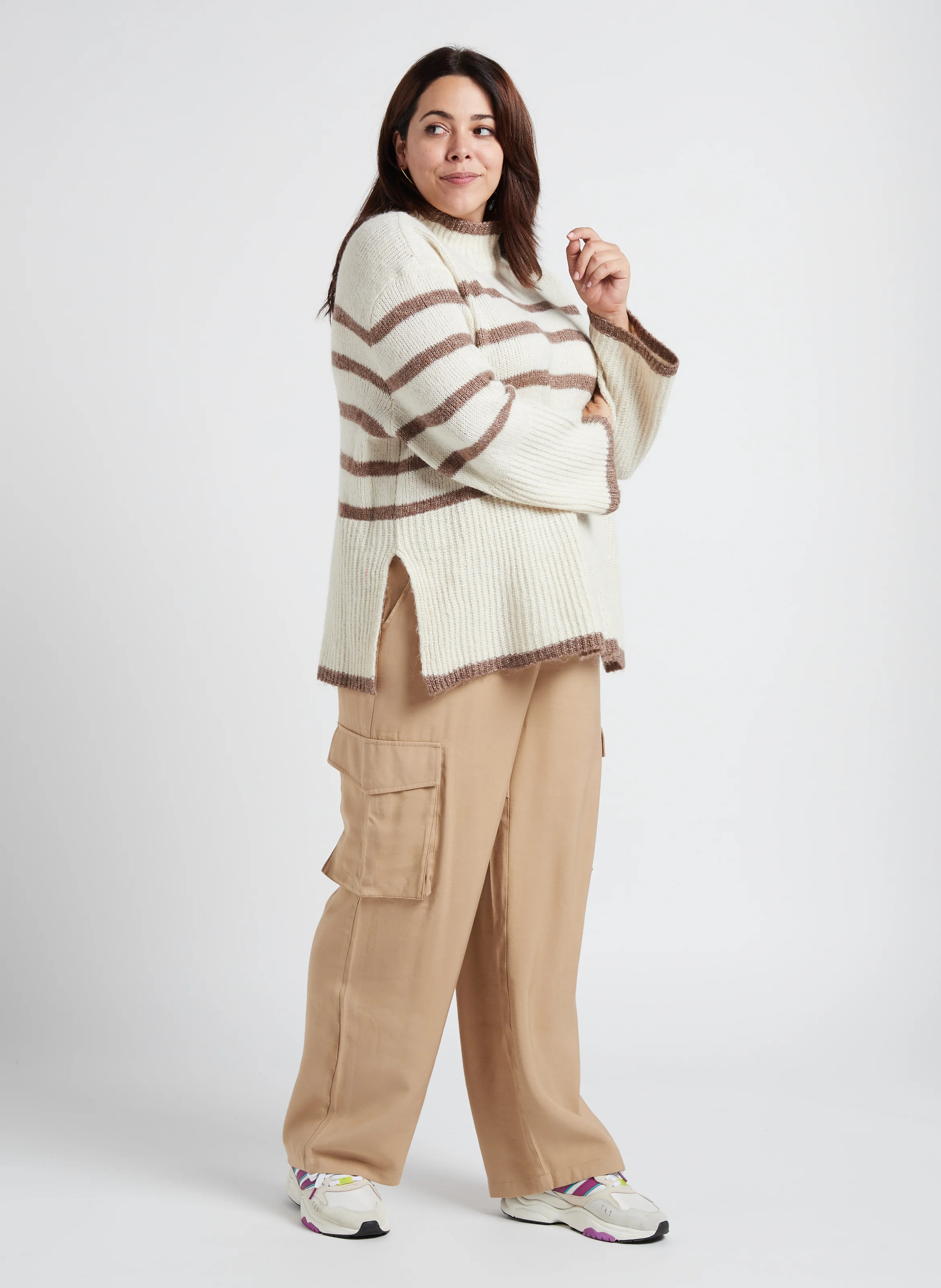 WIONA - Pull col montant à rayures| Beige