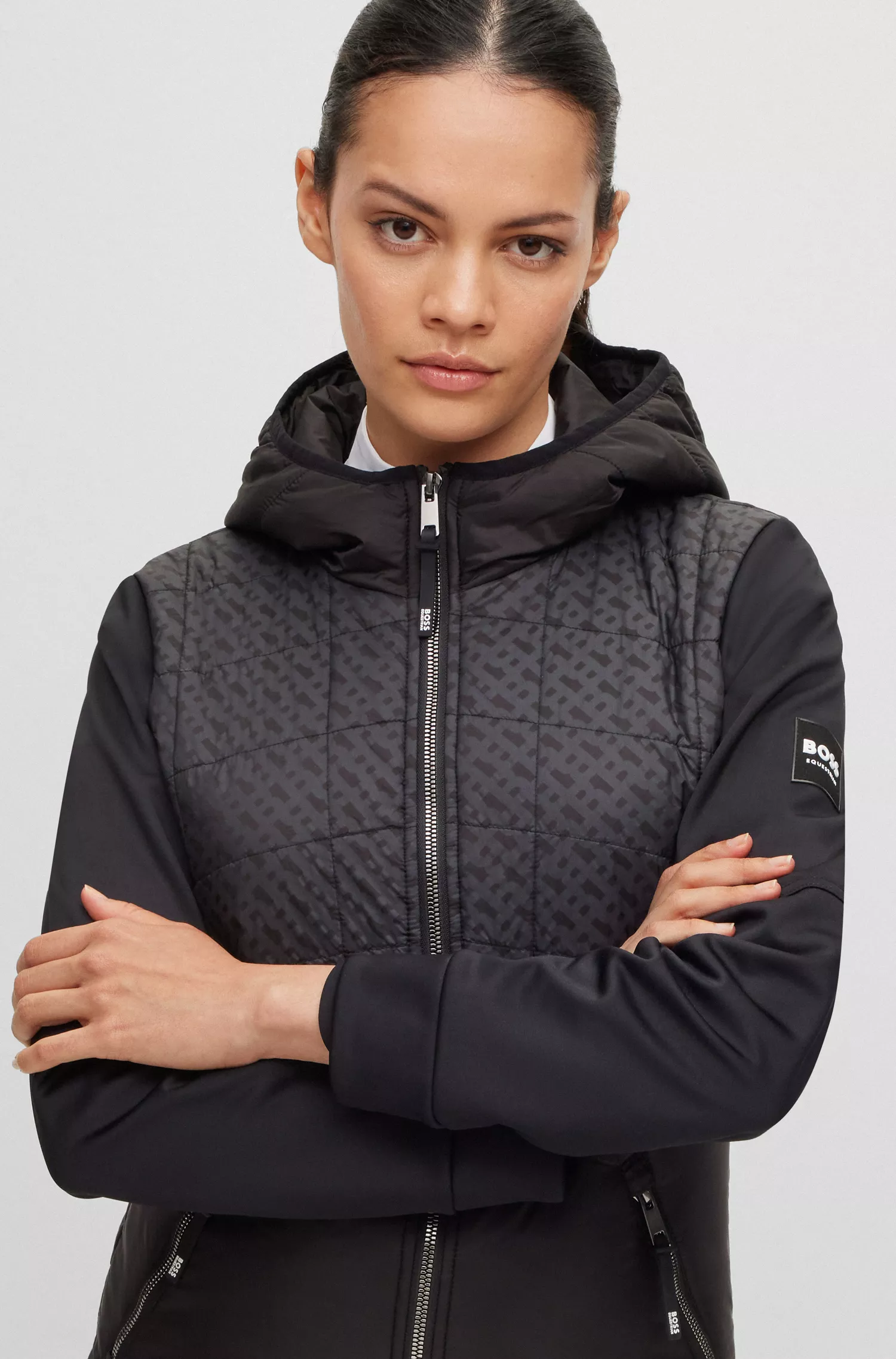 Jaqueta softshell acolchoada BOSS Black-Equestrian com detalhes exclusivos.