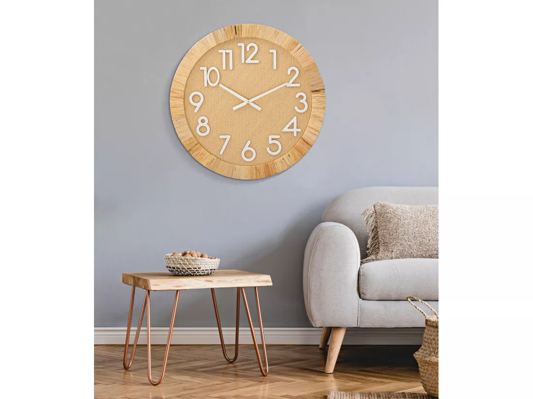 Horloge Murale Rond Boho Plus - Cadre en Rotin et MDF - Ø 60x4,5 cm